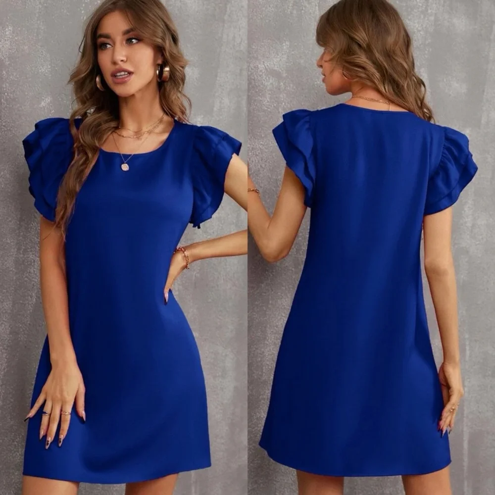 Ruffle frill layered short sleeve tunic dress business casual cocktail baby blue - Picture 11 of 11